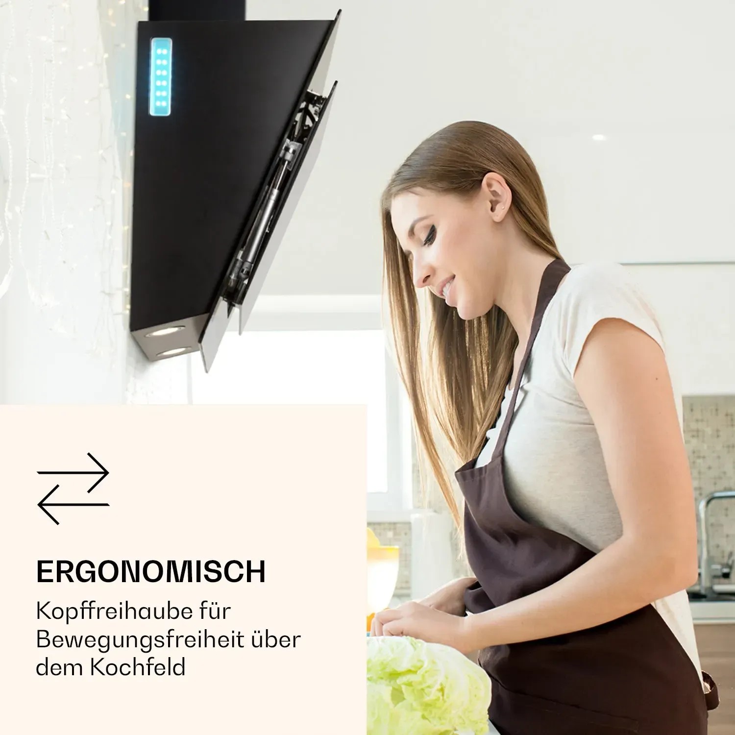 Schwarze Klarstein Aurora 60 Smart Dunstabzugshaube mit Ambiente-Licht in Küche.