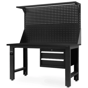 Schwarze DELUKE Werkbank ROBI (170x150x75 cm) mit Lochwand und Schubladen für Werkstatteinrichtung.