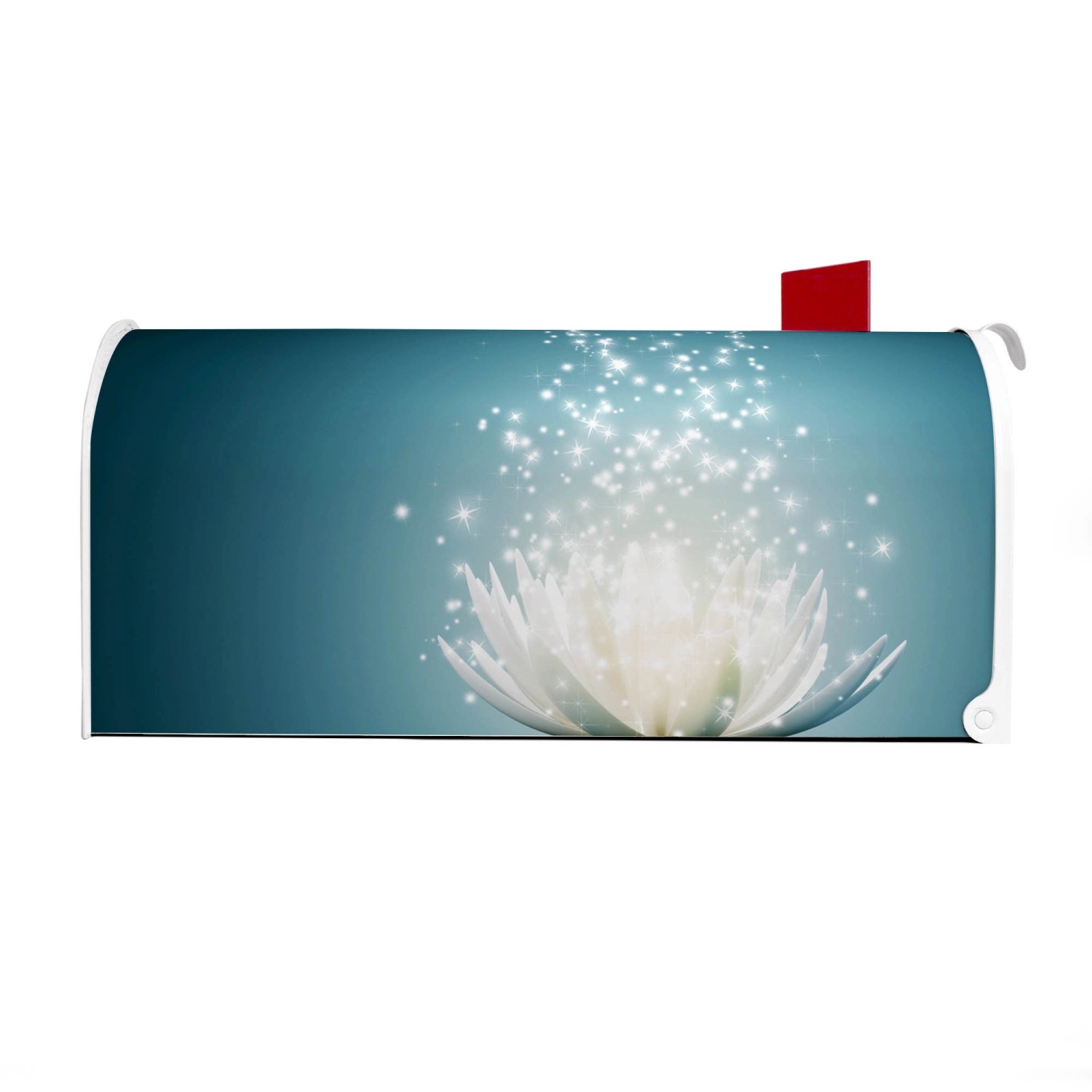 Weißer US Briefkasten mit Lotusblüte Motiv. Stahl, pulverbeschichtet, mit roter Fahne.