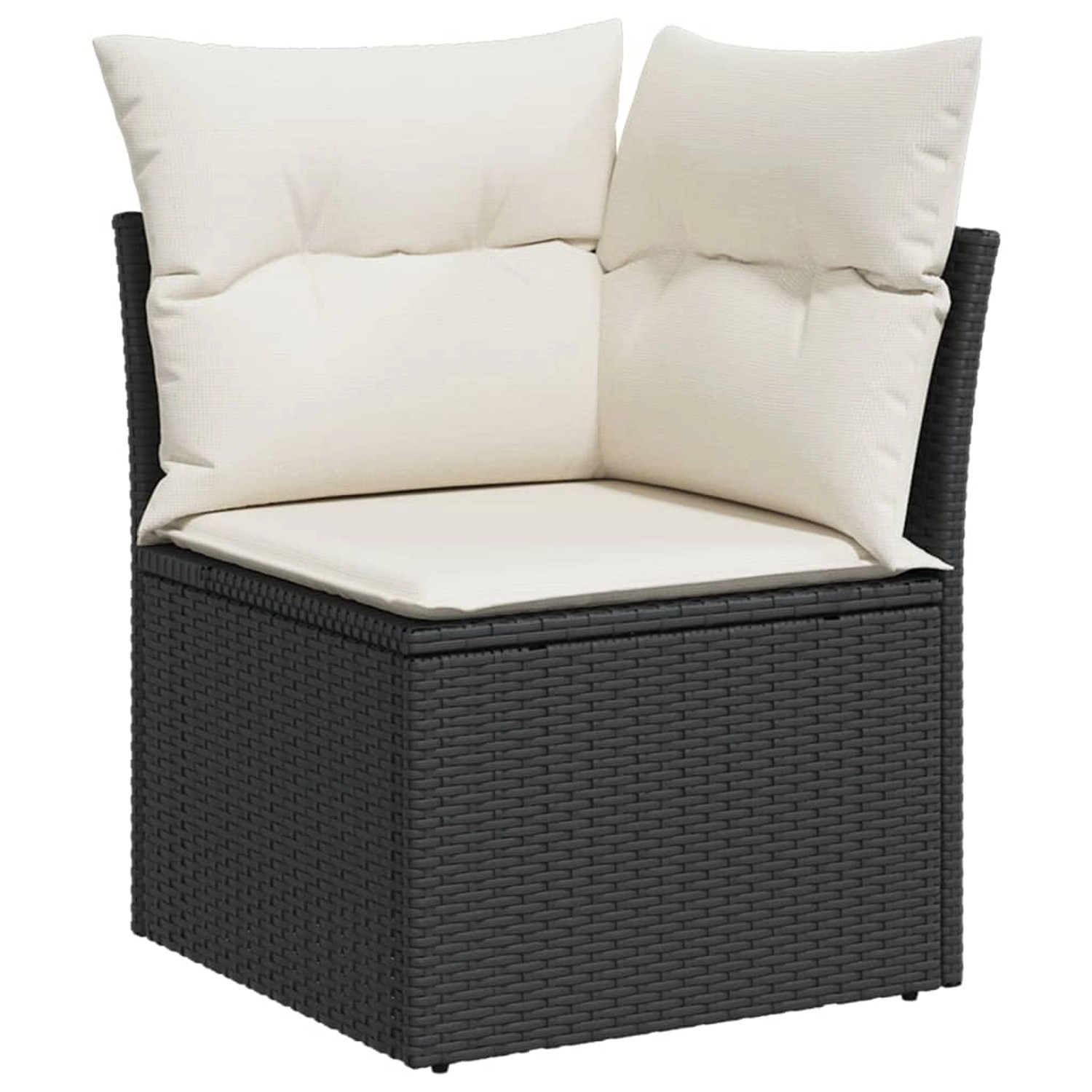 vidaXL Garten-Sofagarnitur, schwarzes Poly Rattan Eckteil mit cremeweißen Kissen.