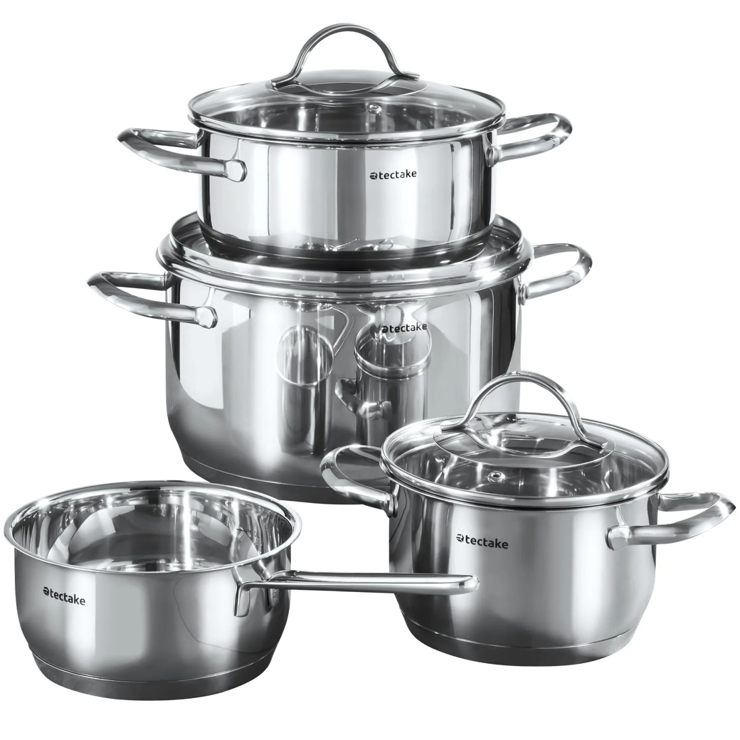 Tectake Kochtopfset Bologna 7 Teilig  Aus Edelstahl  Für Induktion Geeignet Stielkasserolle  3 Kochtöpfe Mit Deckel  35 50 x 25 50 x 20 cm Silber