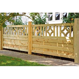 Grünes Terrassenzaun-Element der Antikzaun-Serie, 180x90 cm, aus druckimprägniertem Kiefer-/Fichtenholz.