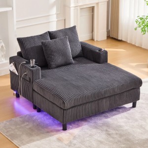 Grauer Corduroy Relaxsessel mit LED-Beleuchtung, USB-Anschluss und Getränkehalter. Komfortables Sofa für Wohnzimmer.