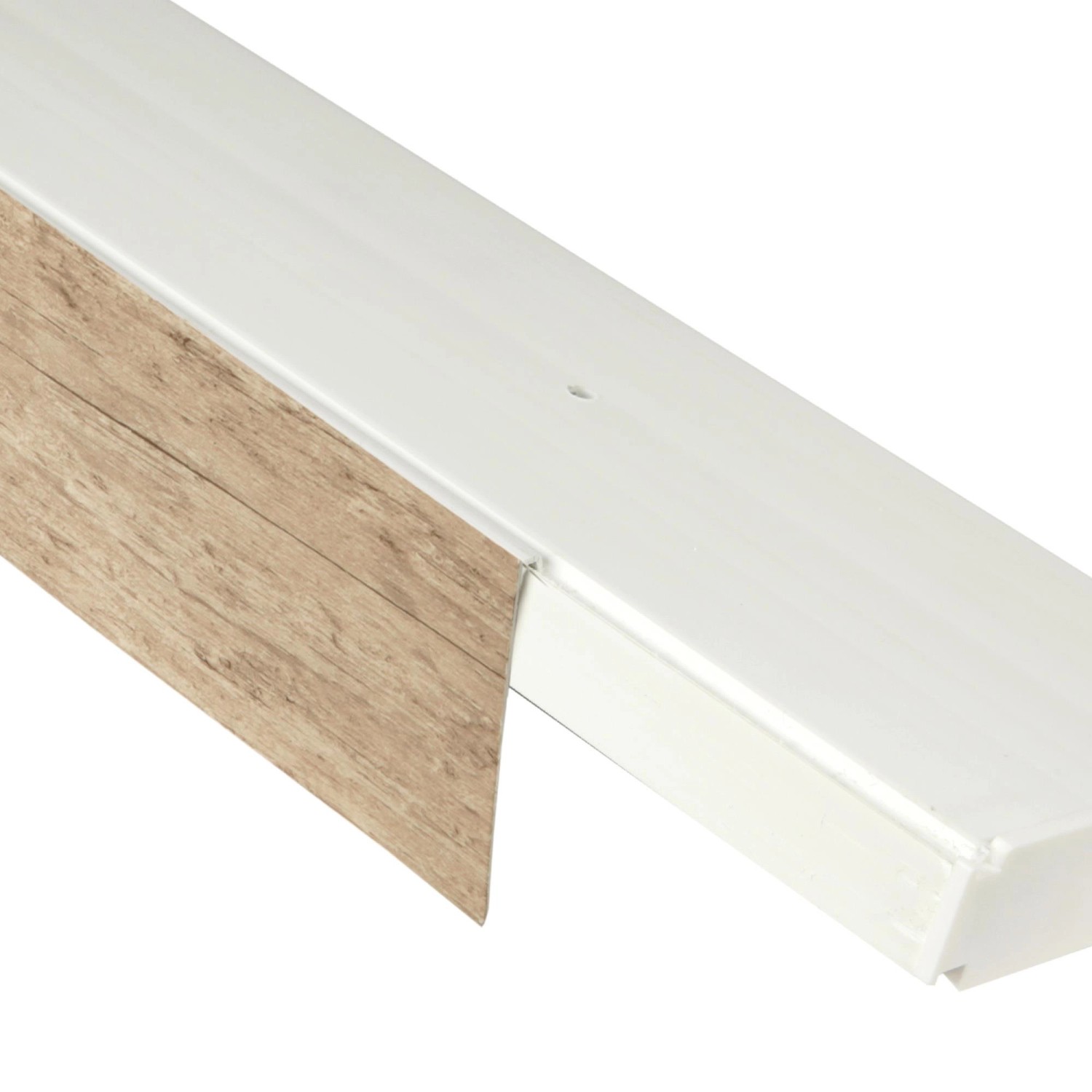 Bestlivings Gardinenschiene 480cm mit Blende in Sonoma Holzoptik und weißem Lauf.