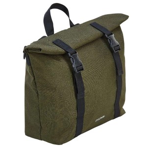 Grüne Prophete Fahrradtasche, 10 Liter Volumen, mit schwarzen Gurten und Schnallen.