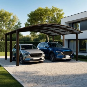 Mattbraunes Ximax Doppelcarport Portoforte-110 M mit zwei parkenden Autos.