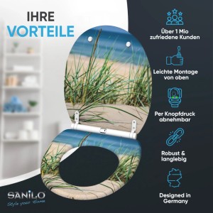 SANILO WC-Sitz Dunetide mit Absenkautomatik, Top Fix. Strandmotiv mit Sand, Gras, blauem Meer.