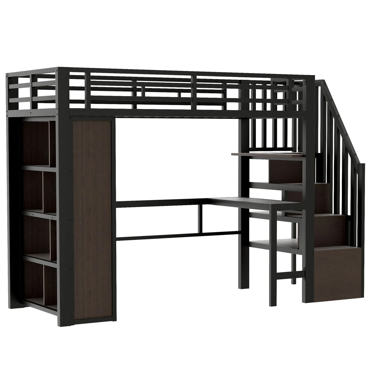okwish Metall Hochbett 90x200cm mit Schreibtisch und LED Lichtleiste Schwarz ohne Matratze