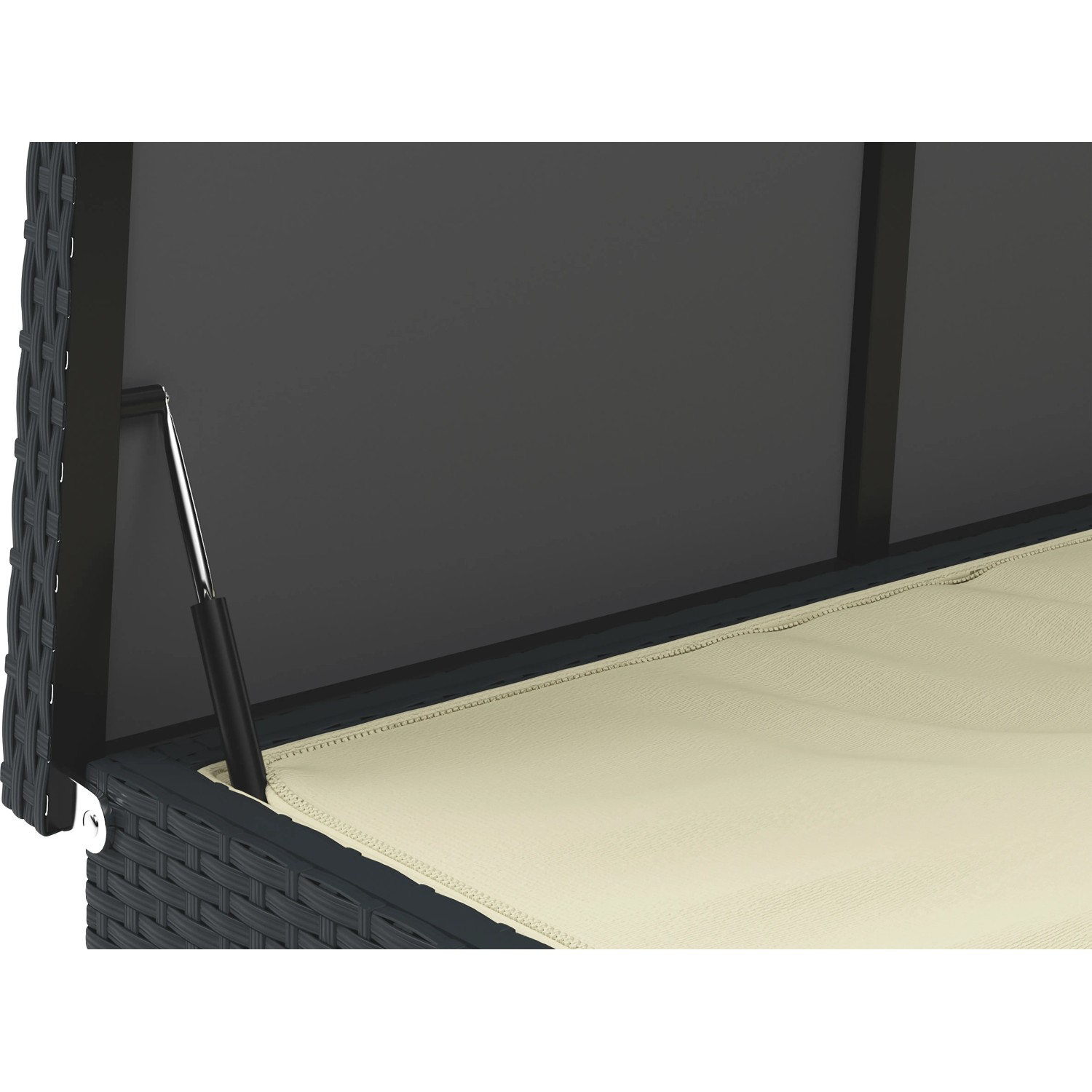 Geöffnete Auflagenbox Buntine, 1100 l, aus Polyrattan in Schwarz mit beiger Innentasche.