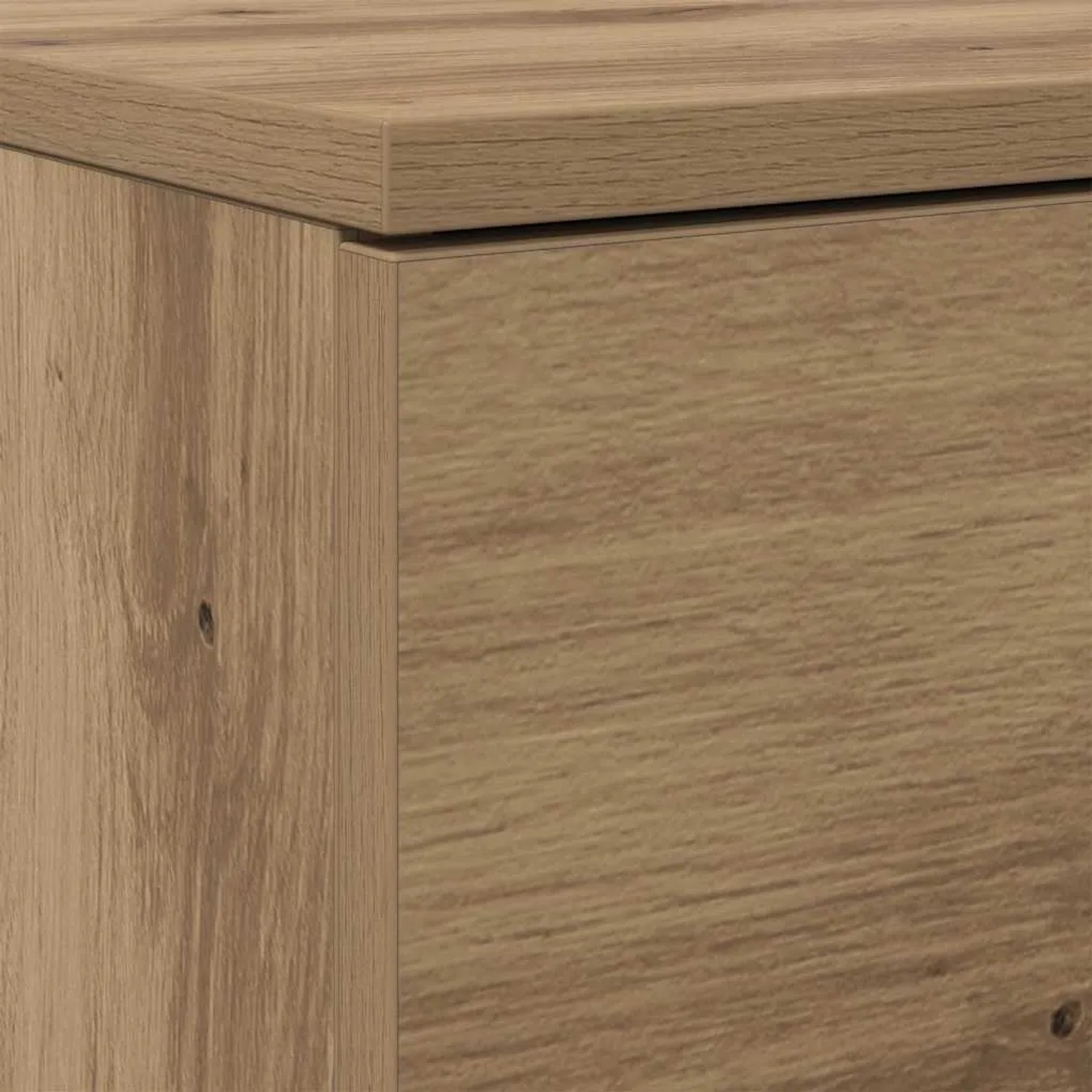 Detailansicht des vidaXL Schuhschranks in Eiche handwerklich. Zeigt die rustikale Holzmaserung des Holzwerkstoffs.