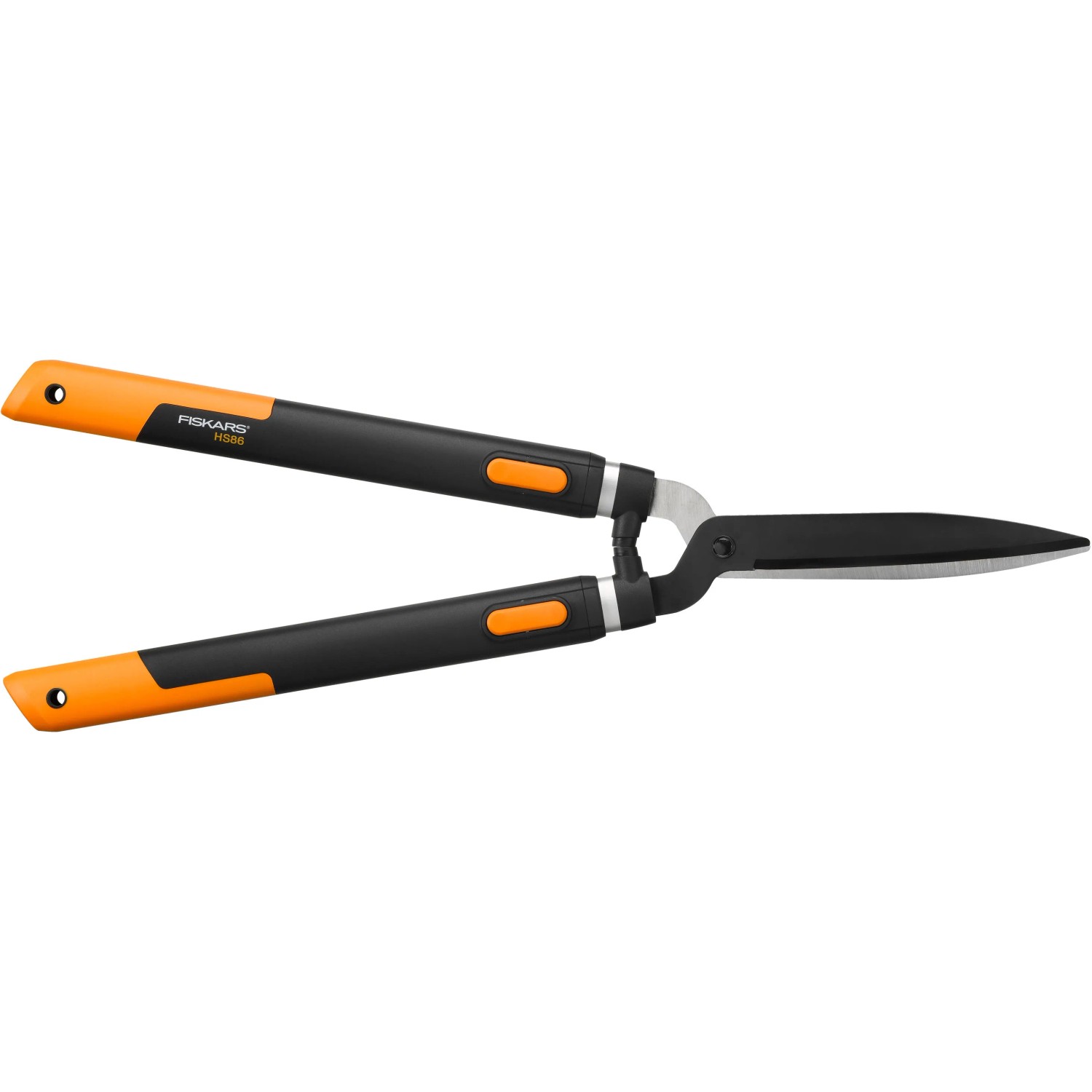 Fiskars SmartFit HS86 Teleskop-Heckenschere mit schwarzen Griffen und orangen Akzenten.