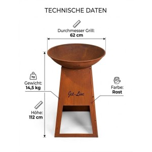 Jet-Line Feuerstelle Bahrain Rostoptik, 112 cm hoch, 62 cm Durchmesser, mit Holzfach. Technische Daten: 14,5 kg.
