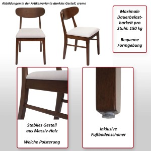 MCW Esszimmerstuhl M59 6er-Set, dunkles Holzgestell, creme Sitzfläche, Details zu Polsterung und Fußbodenschoner.