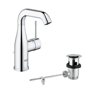 Grohe Essence Waschtischarmatur M-Size in Chrom mit Zugstangen-Ablaufgarnitur.
