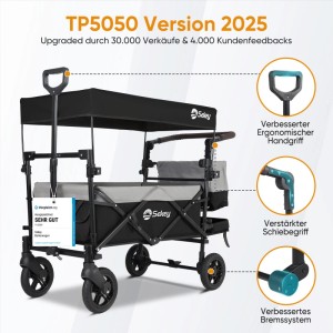 Sekey Bollerwagen mit Dach, faltbar, schwarz-grau, ideal für Camping und Kindertransport bis 150kg.