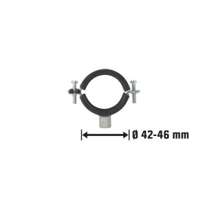 Verzinkte Schraubrohrschelle (42-46 mm) mit M8/M10 Gewinde für Schallschutzrohre.