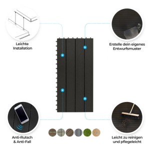 KARAT WPC Terrassenfliesen Royal, 30x60 cm, Anthrazit, 6er-Set. Klickfliesen für Terrasse, Balkon und Garten.