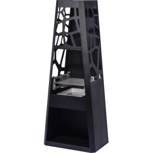 Schwarzer Dobar Gartenkamin aus Metall mit Grillrost und Holzfach.