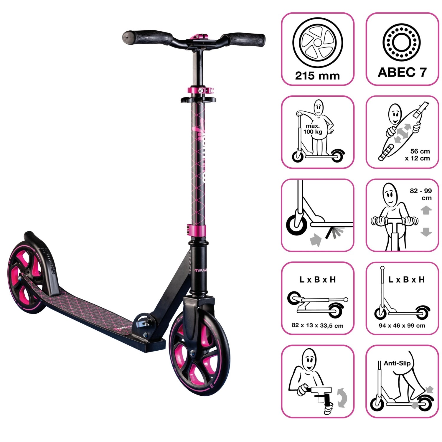 Muuwmi Tretroller in Schwarz/Pink: Aluminium Scooter Pro mit 215 mm Rollen, ABEC 7 Kugellager, höhenverstellbar.