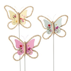 Boltze Gartenstab Hippie, 3er Set, 100cm, Schmetterlinge in Gelb, Rosa und Mint mit Blumenmuster.