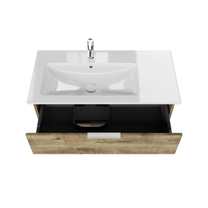 Steinkamp Einzelwaschtisch-Set mit Eiche Ribbeck Unterschrank und Villeroy & Boch Waschbecken links.