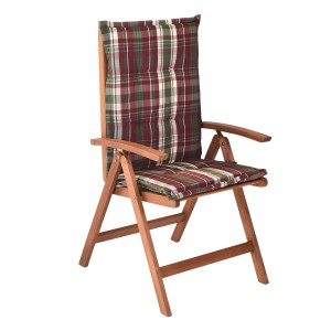 Merxx Borkum Klappsessel 2er-Set mit weinrot karierten Auflagen aus geöltem Eukalyptusholz.