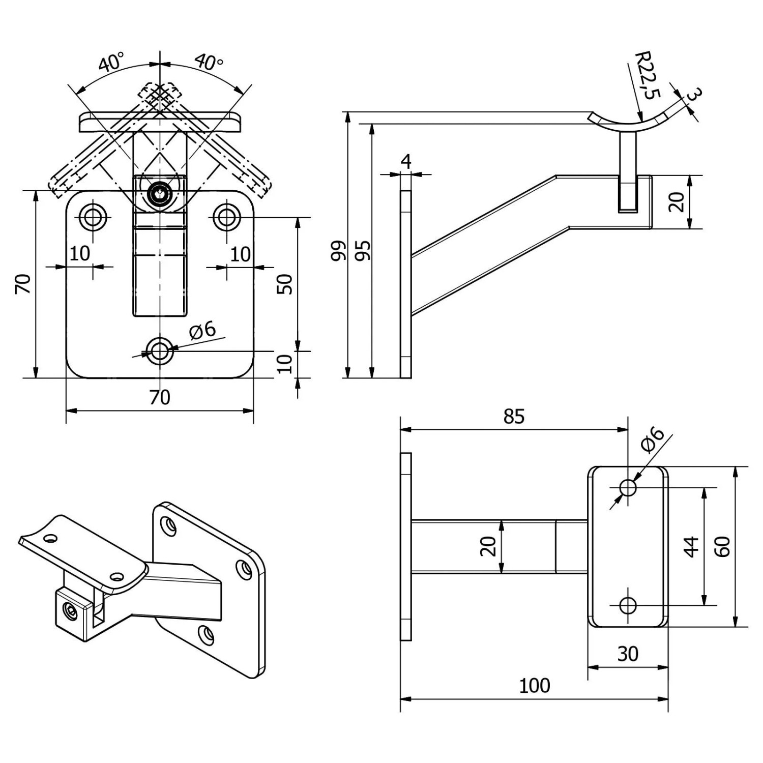 SOTECH Handlaufhalter Verstellbar für Ø 45 mm Runde Handläufe Stahl Schwarz Pulverbeschichtet Schräger Arm 70 x 99 x 100 mm_7