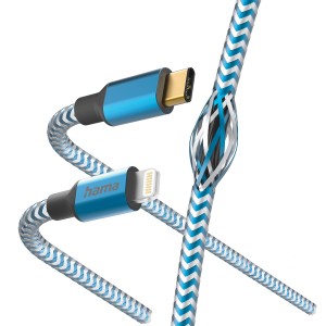 Hama Ladekabel, USB-C auf Lightning, 1,5m, blaues Nylon, reflektierend für Apple iPhone & iPad.