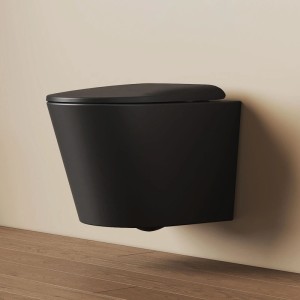 Modernes, spülrandloses Wand-WC in D-Form, matt schwarz mit Softclose-Sitz.