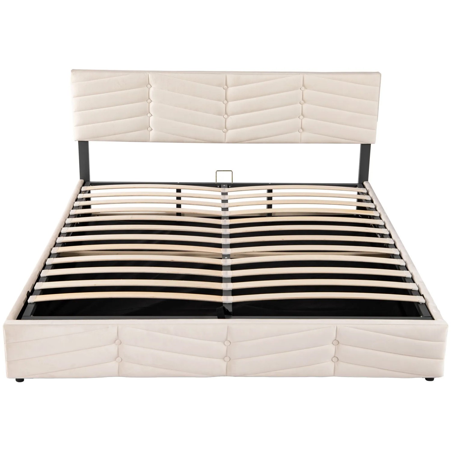 KOMHTOM Polsterbett Hydraulische 180x200Cm Doppelbett Funktionsbett Streifen-Stil Continentalbett Höhenverstellbares Kopfteil Samt Beige