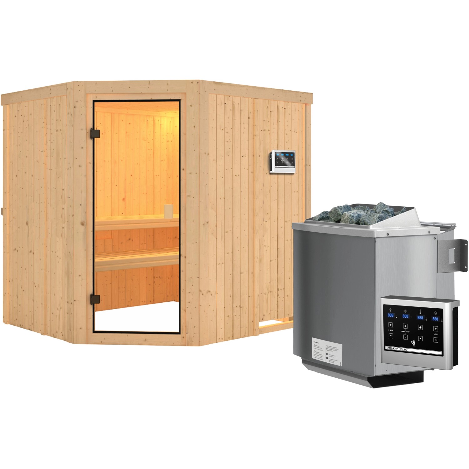 Woodfeeling Sauna Bodo inkl. 9 kW Bio-Ofen mit ext. Strg., Glastür Bronziert