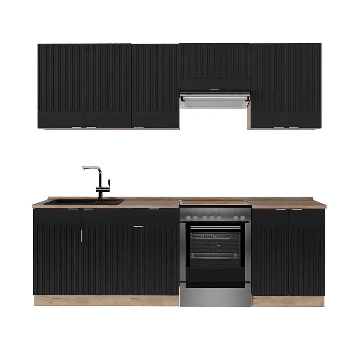 Vicco Fame-Line Küchenblock Schwarz Gestreift Goldkraft Eiche 240 cm AP Eiche ohne E-Geräte