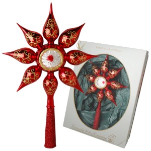 Rote Krebs Glas Lauscha Christbaumspitze in Sternenform, 32cm, mit Golddekor.
