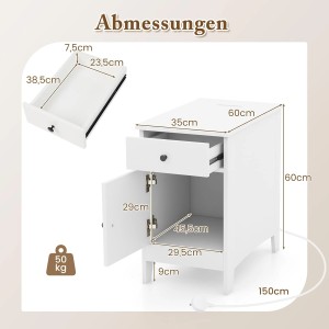 Costway Nachttisch mit Schublade & USB-Anschlüssen Beistelltisch Weiß