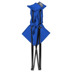 Zusammengeklappter blauer Mojawo Anglersessel/Campingstuhl mit Getränkehalter und schwarzem Gestell.