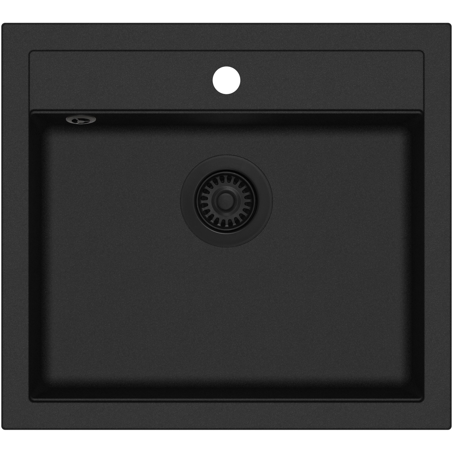 Schwarzes Helika Siebkorbventil (Ø 11,4 cm) für Spüle mit manueller Betätigung.