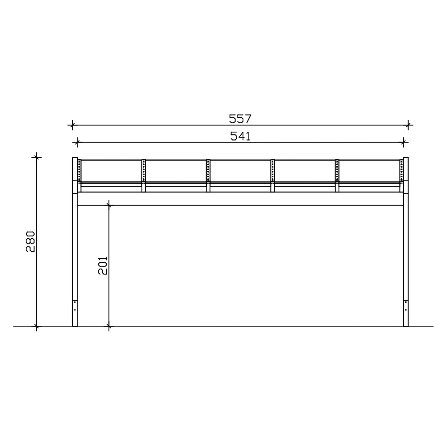 Technische Zeichnung der weißen Skan Holz Terrassenüberdachung Novara, Maße 557x309 cm.