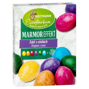 Heitmann Eierfarben Marmor Effekt Packung mit bunten, marmorierten Ostereiern.