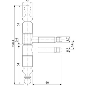 SFS Einbohrband 2-teilig aus vermessingtem Stahl mit Zierkopf. Technische Zeichnung für Holztüren, Bandhöhe 108,4 mm, Ø 16 mm.