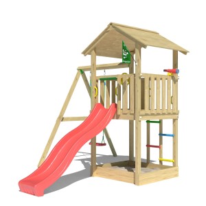 Jungle Gym Spielturm Beacon mit roter Rutsche und Schaukel aus Holz.