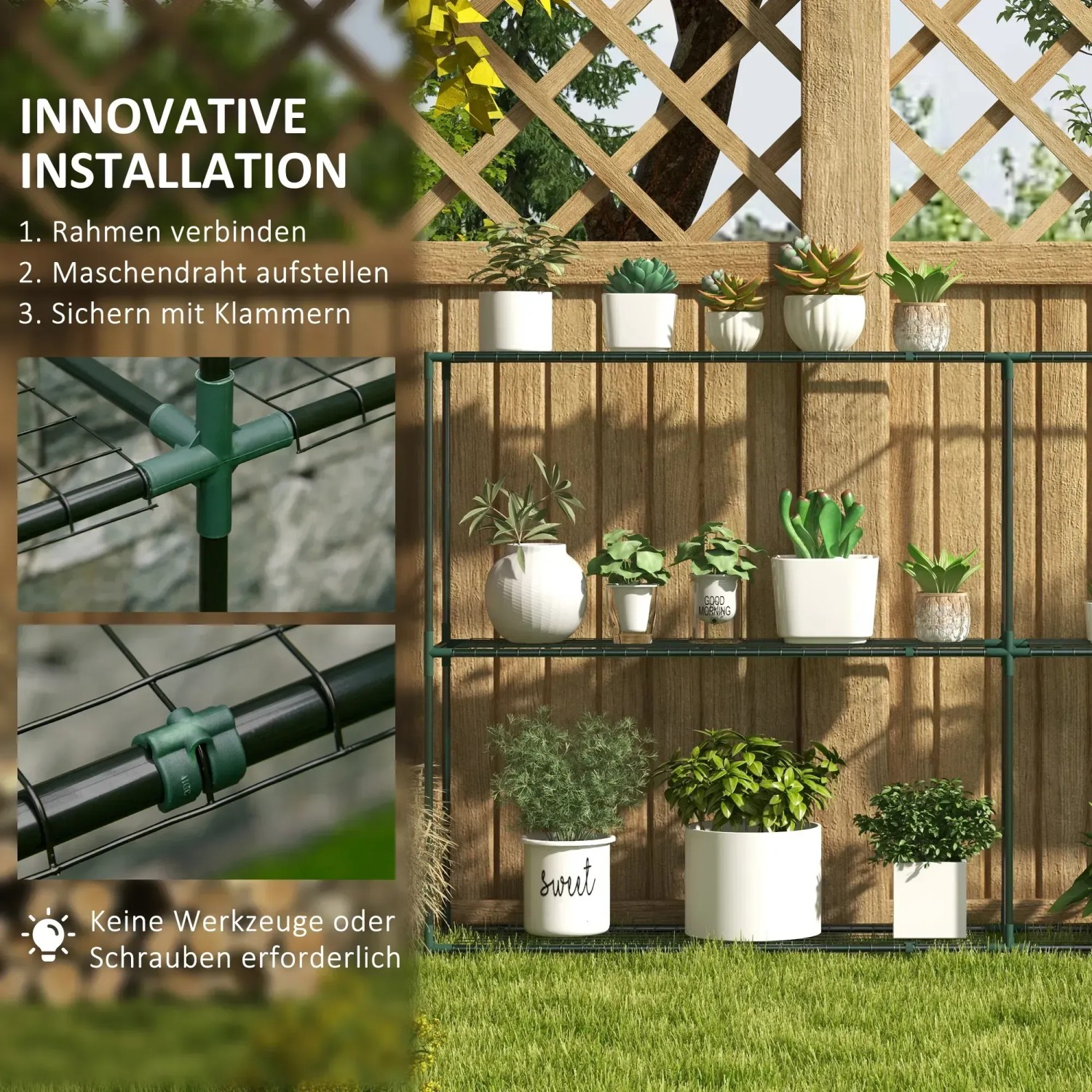Outsunny Blumenregal aus Metall, dreistufig, mit Pflanzen dekoriert. Dekorative Gartenfigur.