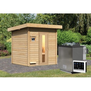 Karibu Saunahaus Arvi 2 Set mit Ofen und externer Steuerung, naturbelassenes Holz.