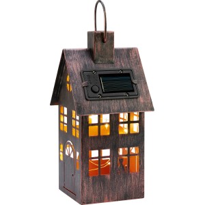 Dekorative Solar-Laterne in Hausform mit warmweißen LEDs, 20,5x10x10 cm, für Garten und Terrasse.
