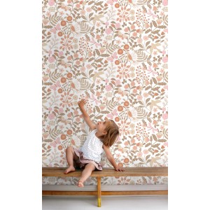 ESTAhome Tapete Blumen und Vögel Terrakotta Taupe und Rosa 53 cm x 10.05 m