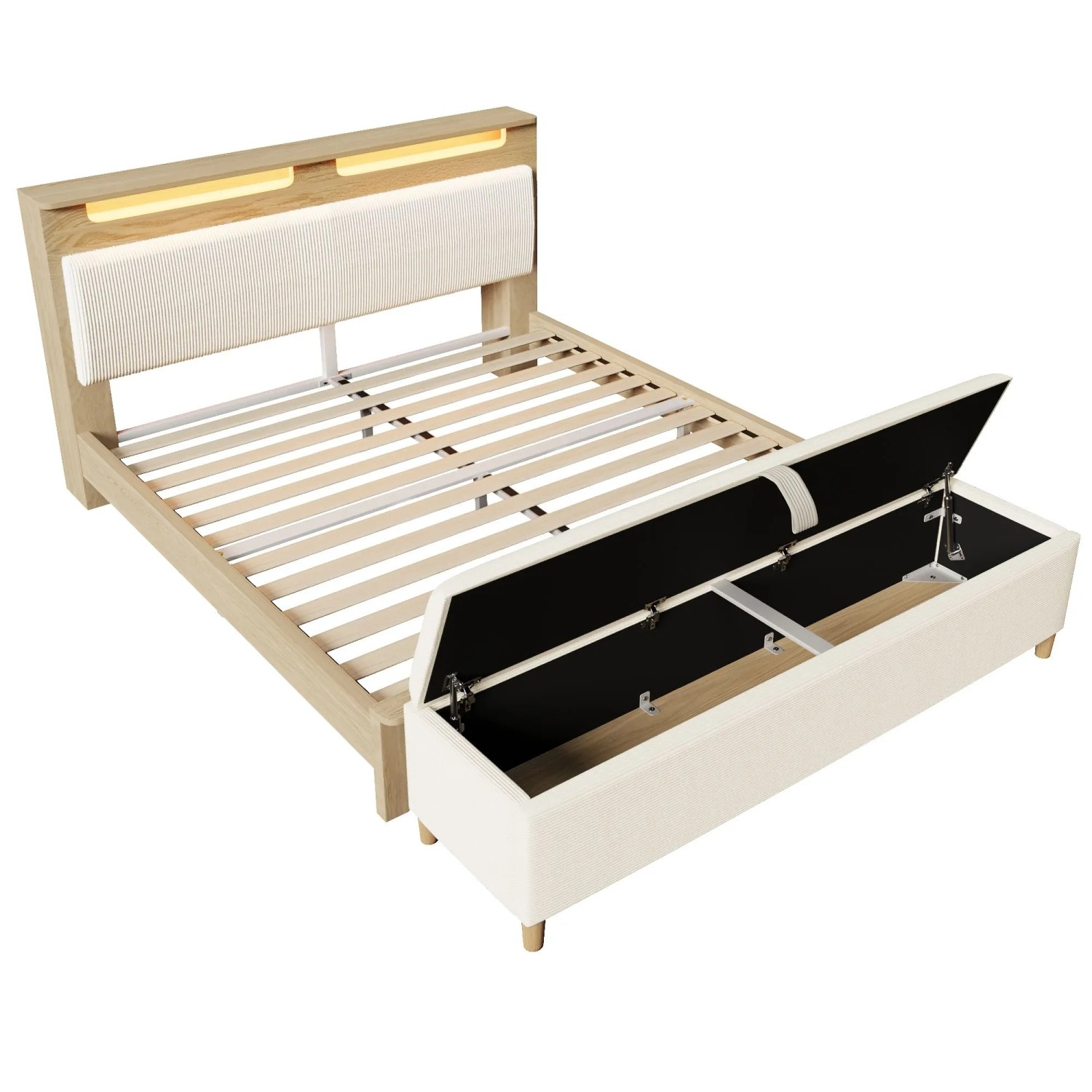 okwish Polsterbett 140x200cm mit Bettbank Stauraum LED Beleuchtung Schlafzimmer Eiche ohne Matratze