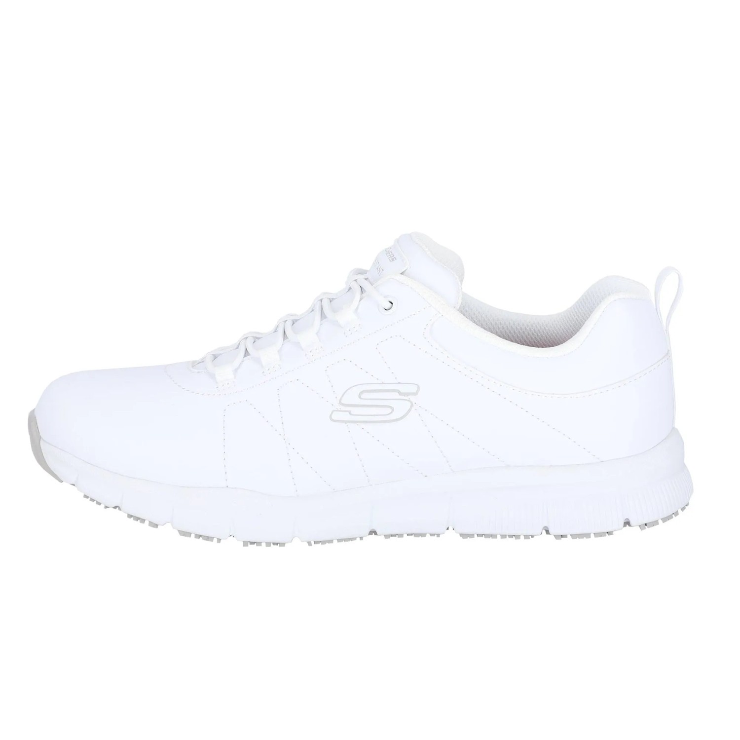Weißer Skechers Beja Nampa Damen Arbeitsschuh O1 SR, rutschhemmend, mit Memory Foam und elastischen Schnürsenkeln, Seitenansicht.