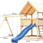 Karibu Spielturm Luis mit Satteldach, Doppelschaukel und blauer Rutsche.