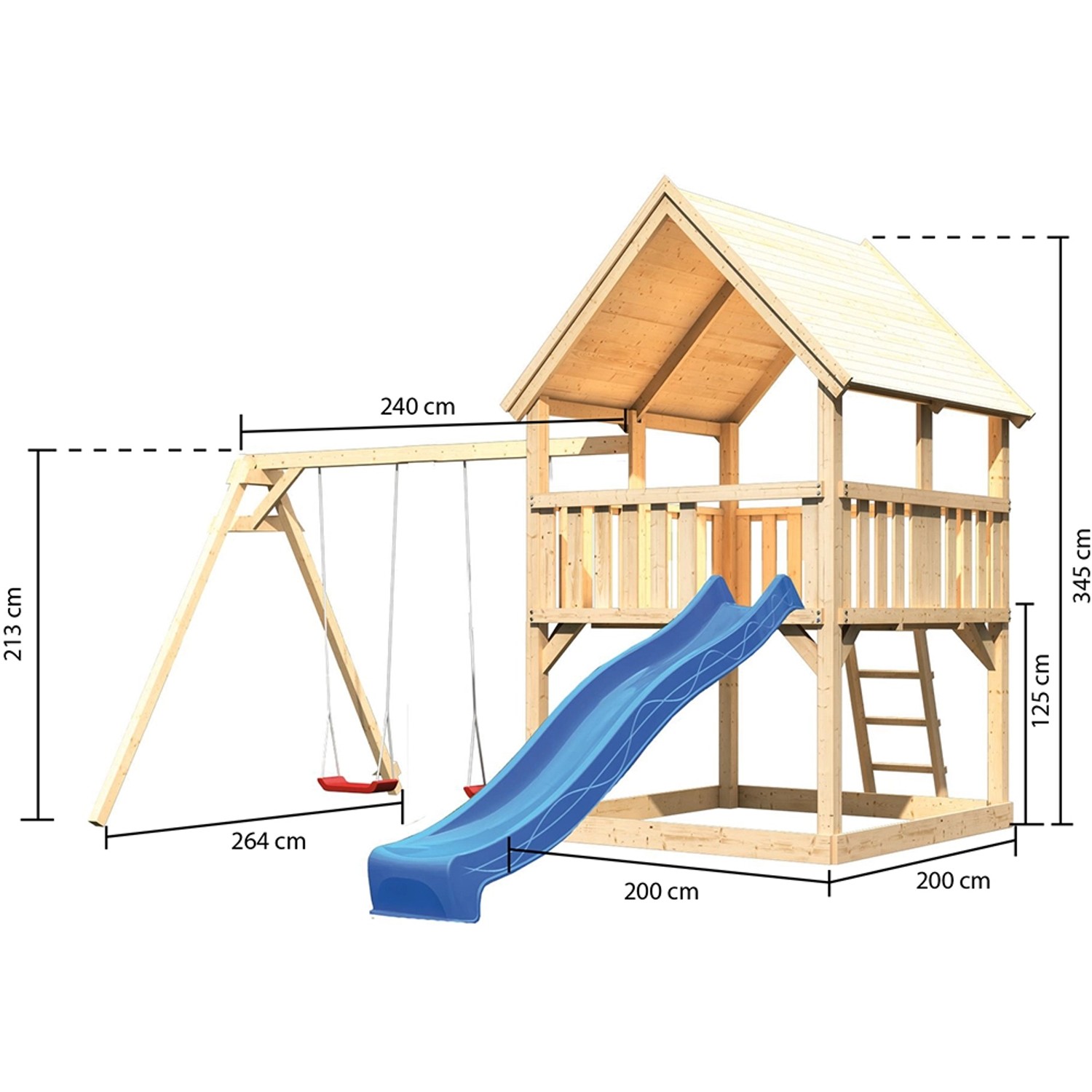 Karibu Spielturm Luis mit Satteldach, Doppelschaukel und blauer Rutsche.