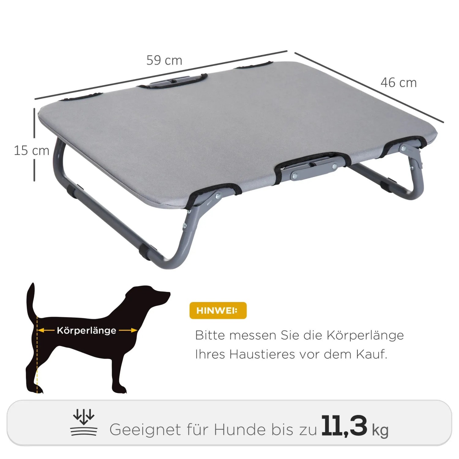 Graues PawHut Hundebett, faltbar, für Outdoor. Hundeliege mit Stahlrahmen, geeignet für Hunde bis 11,3 kg.