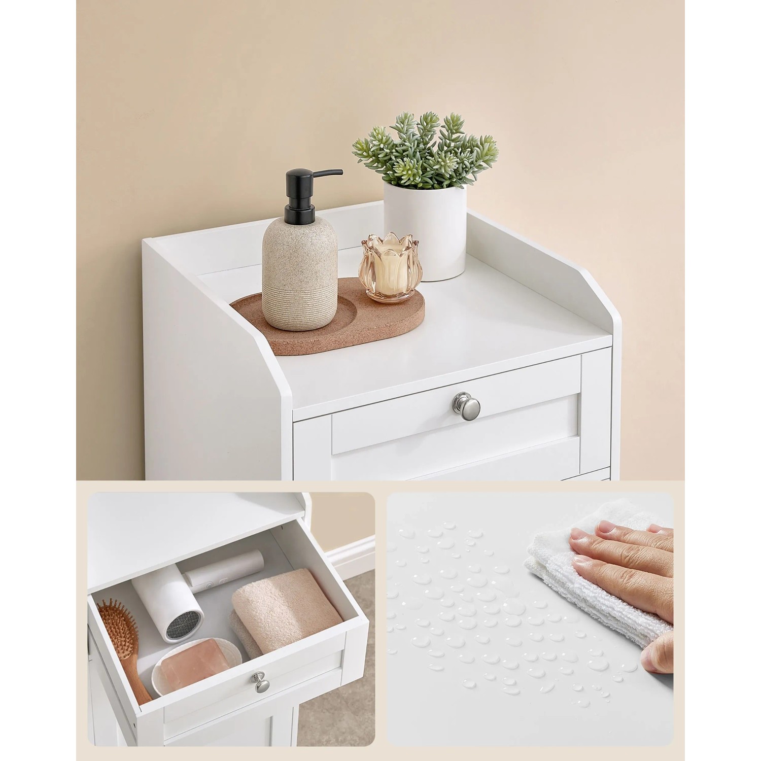 Songmics Badezimmerschrank Siren, weiß, mit Schublade und Wäschesammler.